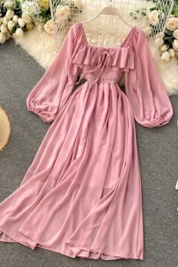Woherb Y2K Summer Maxi Dress - Square Collar, Puff Sleeve, Vintage Chiffon Ruffle, 90S Grunge Style