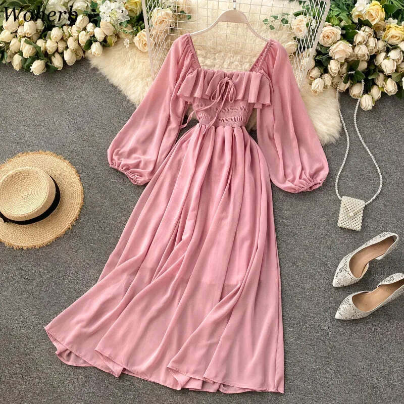 Woherb Y2K Summer Maxi Dress - Square Collar, Puff Sleeve, Vintage Chiffon Ruffle, 90S Grunge Style