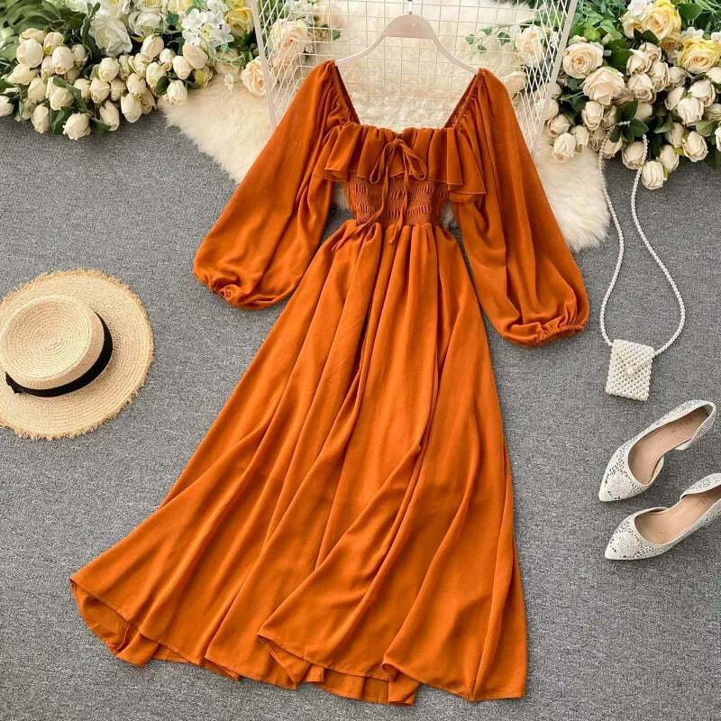 Woherb Y2K Summer Maxi Dress - Square Collar, Puff Sleeve, Vintage Chiffon Ruffle, 90S Grunge Style