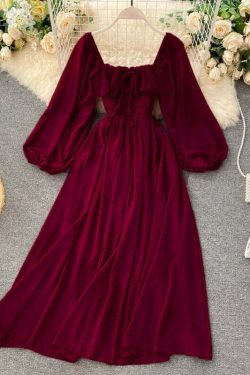 Woherb Y2K Summer Maxi Dress - Square Collar, Puff Sleeve, Vintage Chiffon Ruffle, 90S Grunge Style