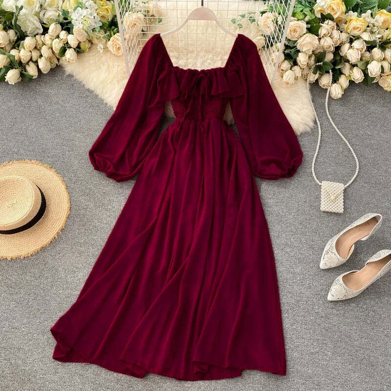 Woherb Y2K Summer Maxi Dress - Square Collar, Puff Sleeve, Vintage Chiffon Ruffle, 90S Grunge Style