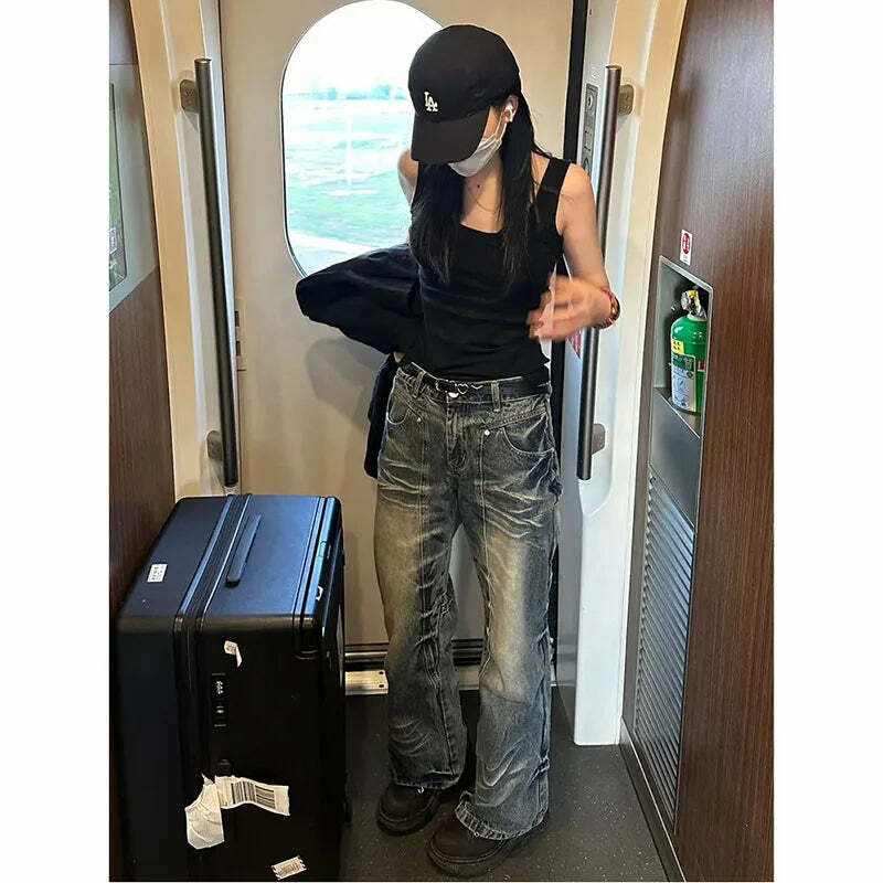 Y2K 00S Harajuku High Waist Flared Jeans - Vintage Streetwear Slim Fit Denim Trousers