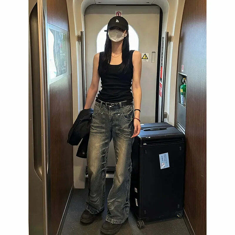 Y2K 00S Harajuku High Waist Flared Jeans - Vintage Streetwear Slim Fit Denim Trousers