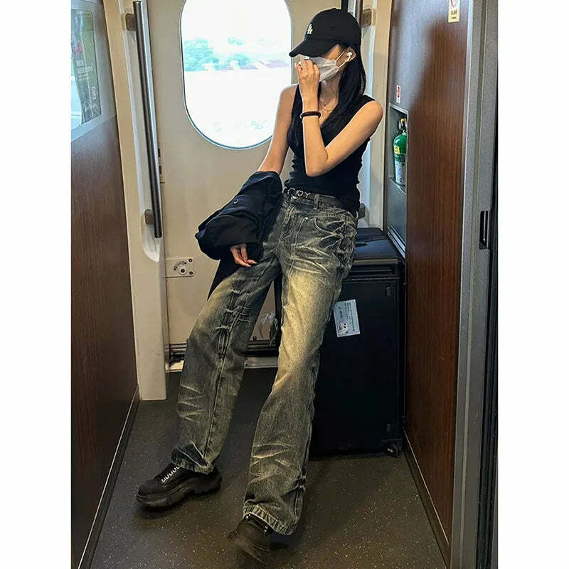 Y2K 00S Harajuku High Waist Flared Jeans - Vintage Streetwear Slim Fit Denim Trousers