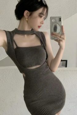 Y2K Aesthetic Sexy Hollow Out Knitted Dress - Vintage Slim Halter Fairy Vestito, All-Match Style