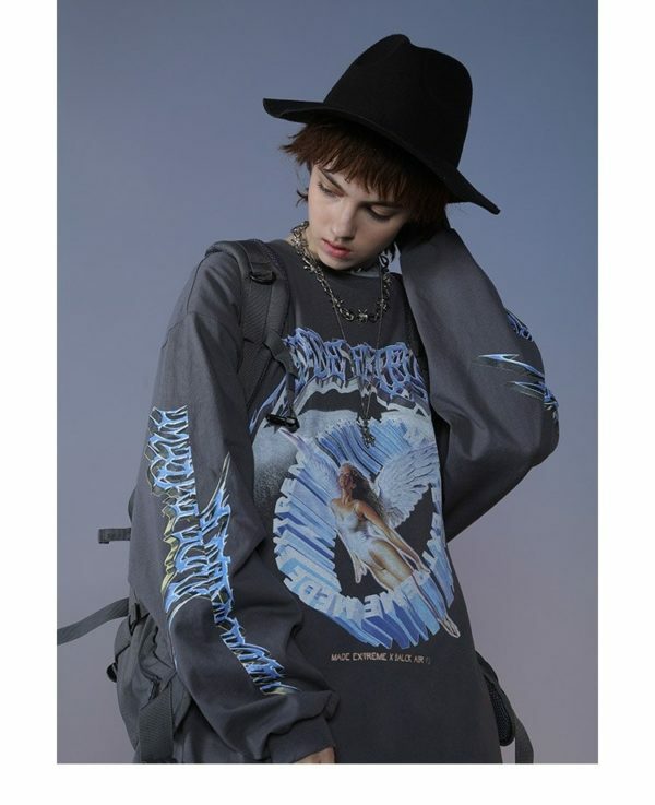 Y2K Angel Print Sweatshirt - Retro 90S Grunge, Summer Y2K Outfits, Pastel Goth Fashion