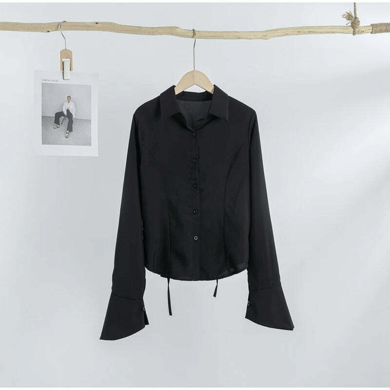 Y2K Bandage Shirts For Women - Slim Chic Lace-Up Lapel Tops, Flare Sleeve Casual Streetwear
