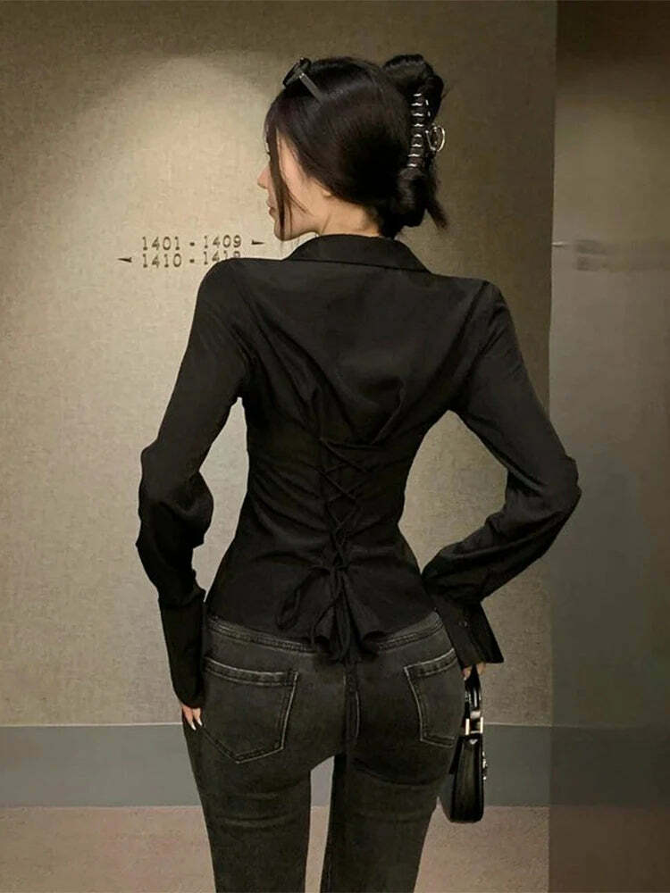 Y2K Bandage Shirts For Women - Slim Chic Lace-Up Lapel Tops, Flare Sleeve Casual Streetwear