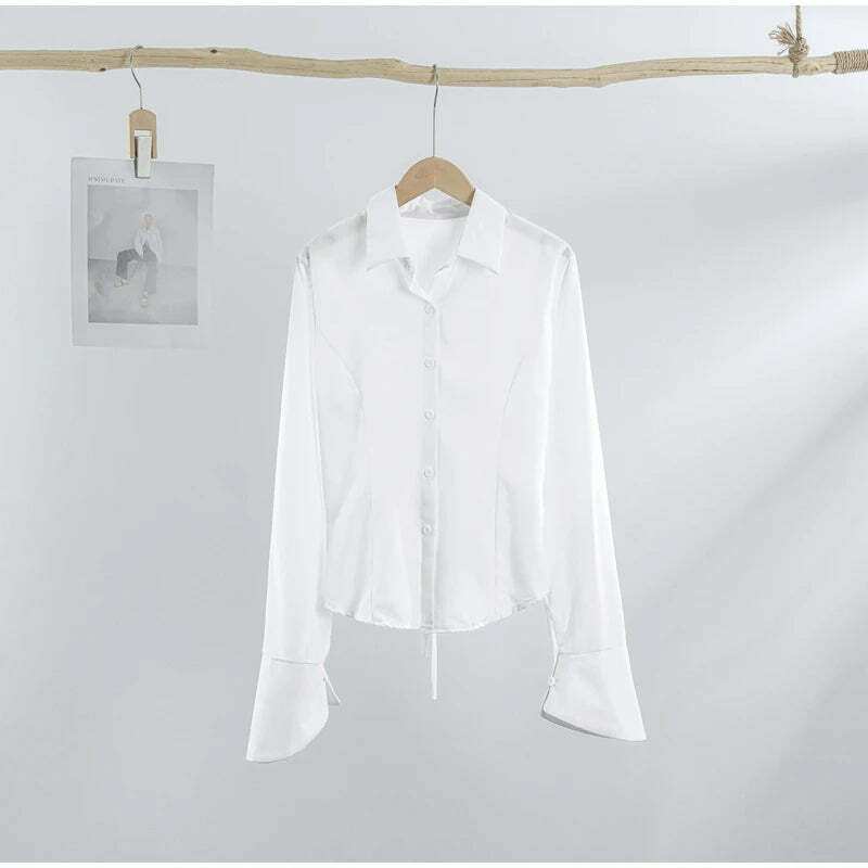 Y2K Bandage Shirts For Women - Slim Chic Lace-Up Lapel Tops, Flare Sleeve Casual Streetwear