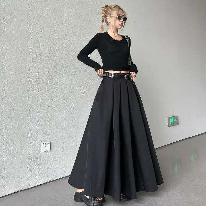 Y2K Black Pleated Maxi Skirt - High Waist, Spring & Autumn Retro 90S Grunge Fashion For Women