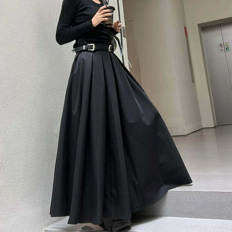 Y2K Black Pleated Maxi Skirt - High Waist, Spring & Autumn Retro 90S Grunge Fashion For Women