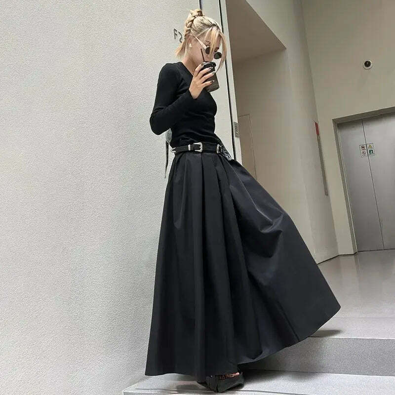Y2K Black Pleated Maxi Skirt - High Waist, Spring & Autumn Retro 90S Grunge Fashion For Women