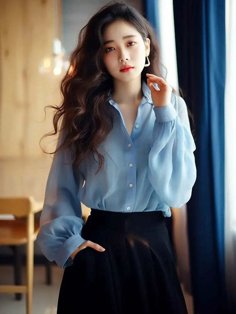 Y2K Blue Chiffon Button-Up Shirt & Blouse - Loose, Long Sleeve, Elegant Summer Top For Women
