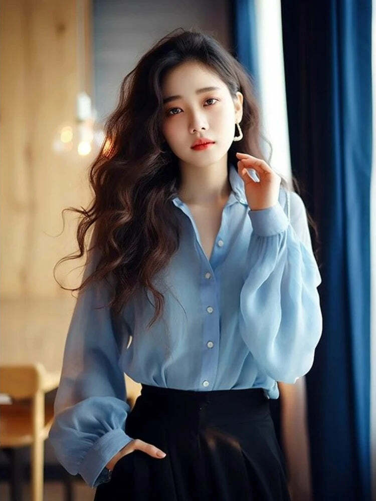 Y2K Blue Chiffon Button-Up Shirt & Blouse - Loose, Long Sleeve, Elegant Summer Top For Women
