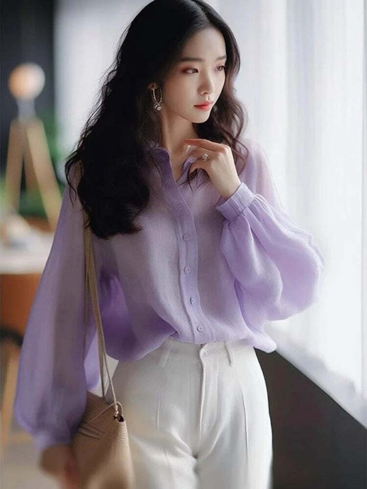 Y2K Blue Chiffon Button-Up Shirt & Blouse - Loose, Long Sleeve, Elegant Summer Top For Women