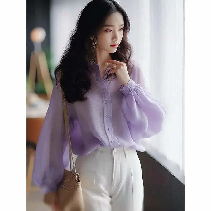 Y2K Blue Chiffon Button-Up Shirt & Blouse - Loose, Long Sleeve, Elegant Summer Top For Women
