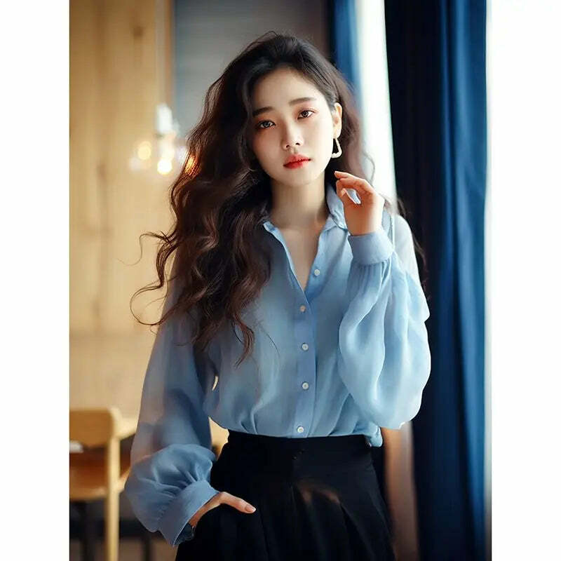 Y2K Blue Chiffon Button-Up Shirt & Blouse - Loose, Long Sleeve, Elegant Summer Top For Women