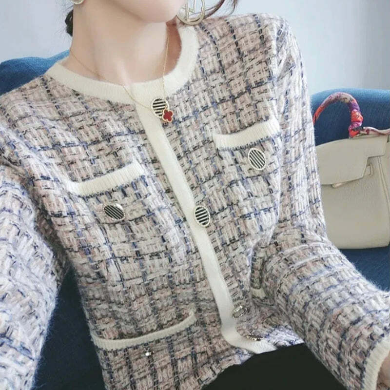 Y2K Blue Tweed Knitted Coat - French Style Overcoat, Grunge 90S Fashion, Retro Short Jacket