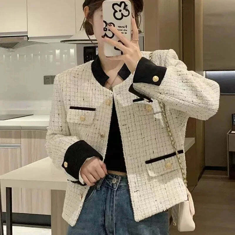 Y2K Blue Tweed Knitted Coat - French Style Overcoat, Grunge 90S Fashion, Retro Short Jacket