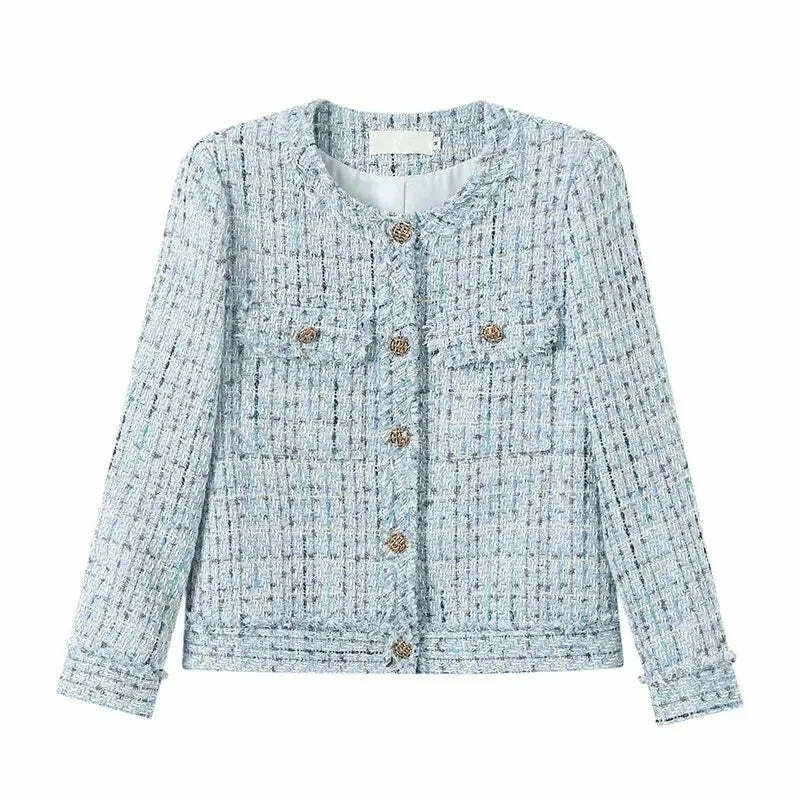 Y2K Blue Tweed Knitted Coat - French Style Overcoat, Grunge 90S Fashion, Retro Short Jacket