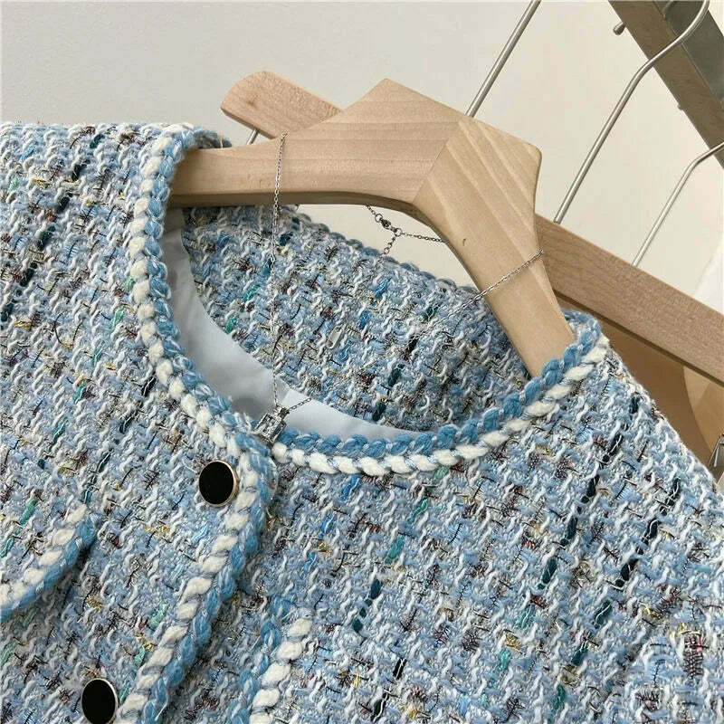 Y2K Blue Tweed Knitted Coat - French Style Overcoat, Retro 90S Grunge Short Jacket