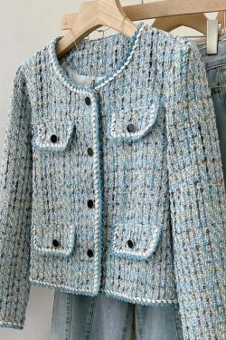 Y2K Blue Tweed Knitted Coat - French Style Overcoat, Retro 90S Grunge Short Jacket