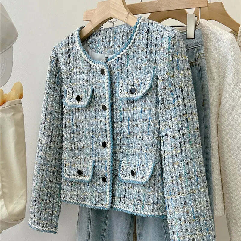 Y2K Blue Tweed Knitted Coat - French Style Overcoat, Retro 90S Grunge Short Jacket