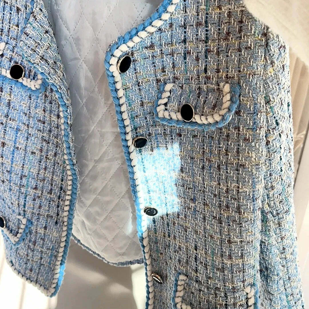 Y2K Blue Tweed Knitted Coat - French Style Overcoat, Retro 90S Grunge Short Jacket
