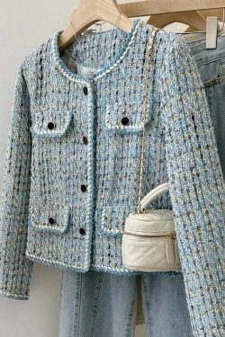 Y2K Blue Tweed Knitted Coat - French Style Overcoat, Retro 90S Grunge Short Jacket