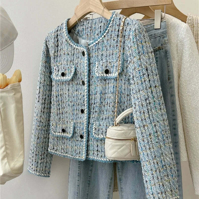 Y2K Blue Tweed Knitted Coat - French Style Overcoat, Retro 90S Grunge Short Jacket