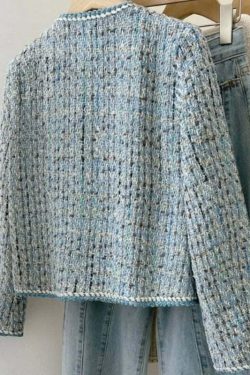 Y2K Blue Tweed Knitted Coat - French Style Overcoat, Retro 90S Grunge Short Jacket