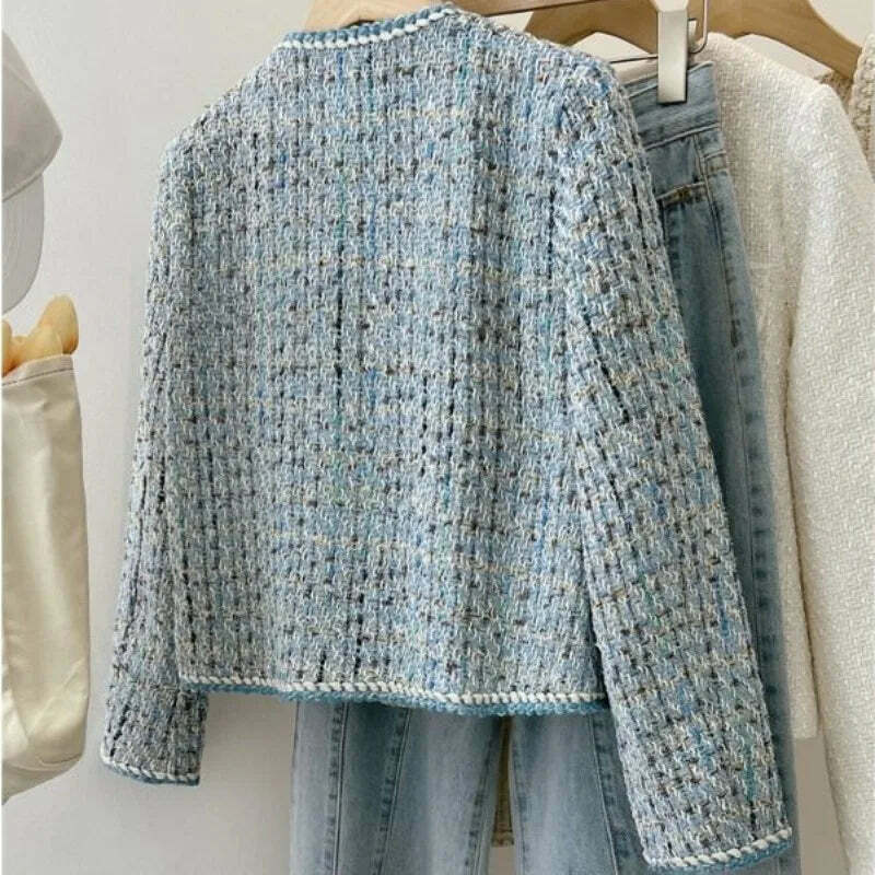 Y2K Blue Tweed Knitted Coat - French Style Overcoat, Retro 90S Grunge Short Jacket