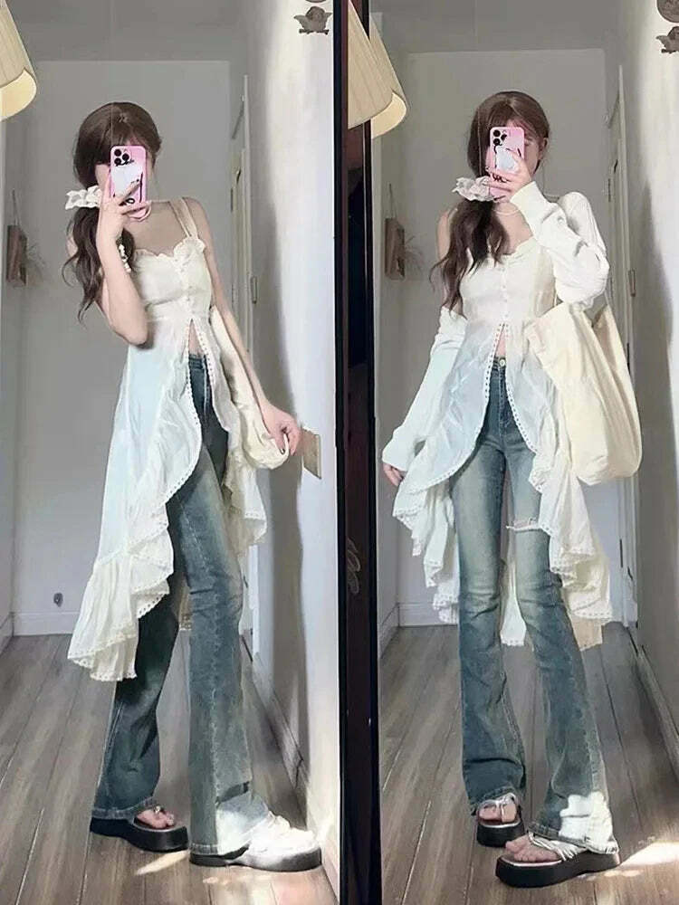 Y2K Chiffon 2-Piece Skirt Set: Sexy Strap Dress & Beige Ruched Top - Retro 90S Summer Fashion