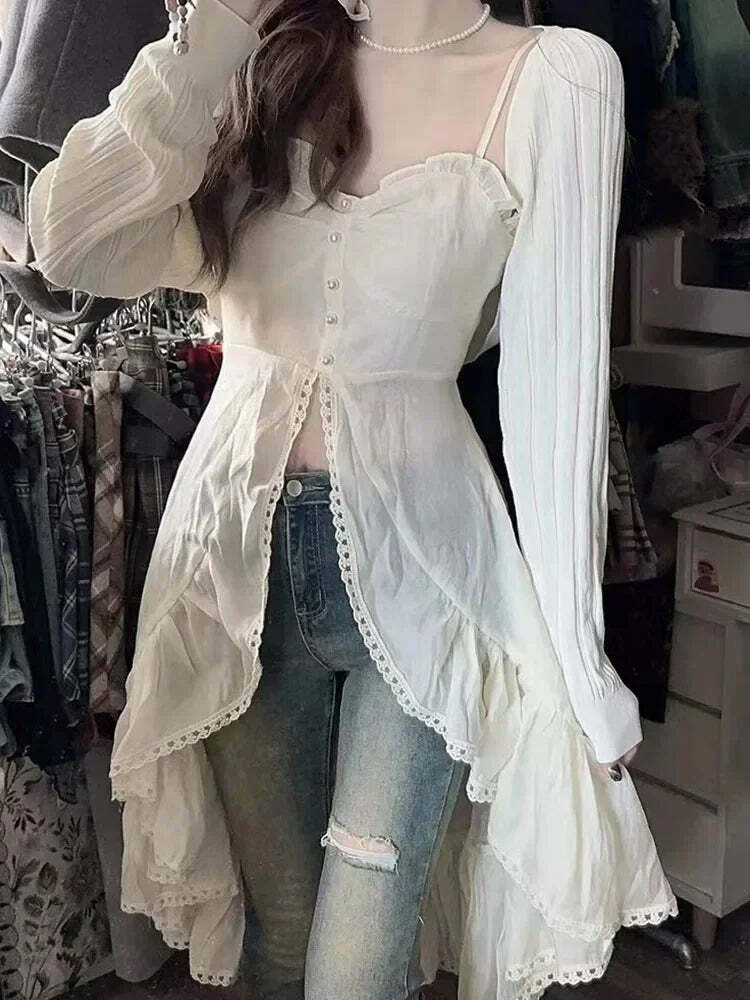 Y2K Chiffon 2-Piece Skirt Set: Sexy Strap Dress & Beige Ruched Top - Retro 90S Summer Fashion