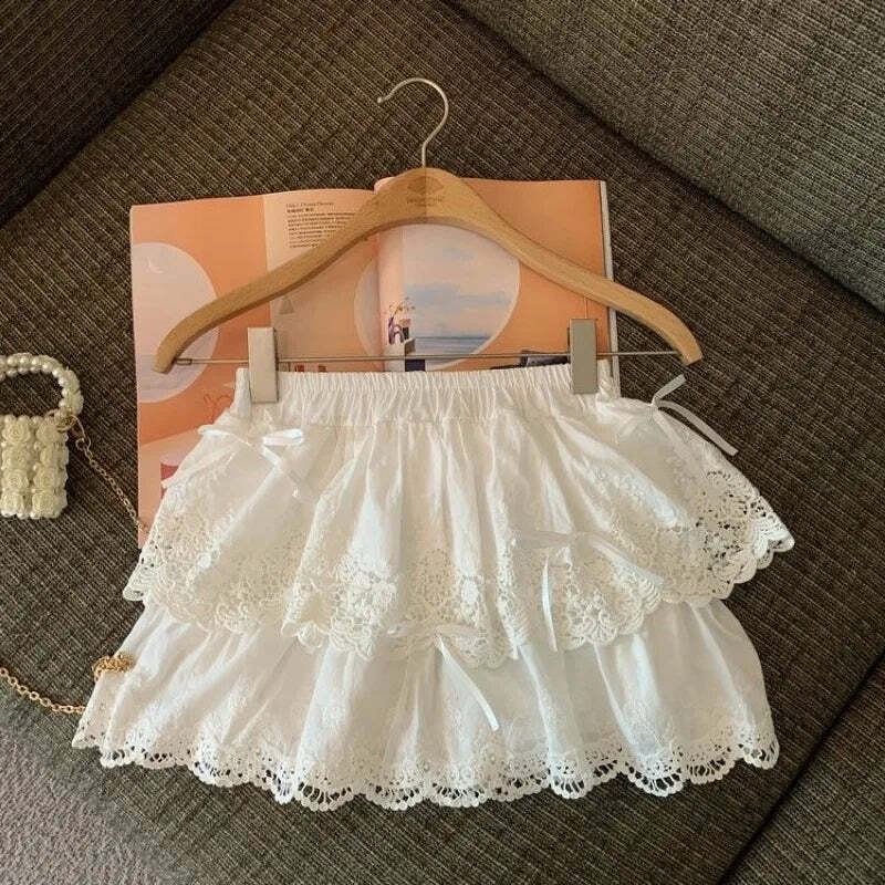 Y2K Coquette Bow White Mini Skirt - Kawaii Lace Ruffles Patchwork A-Line Skirt With Shorts