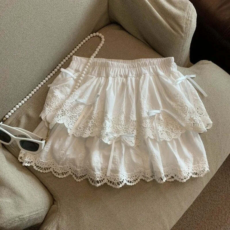 Y2K Coquette Bow White Mini Skirt - Kawaii Lace Ruffles Patchwork A-Line Skirt With Shorts