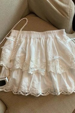Y2K Coquette Bow White Mini Skirt - Kawaii Lace Ruffles Patchwork A-Line Skirt With Shorts