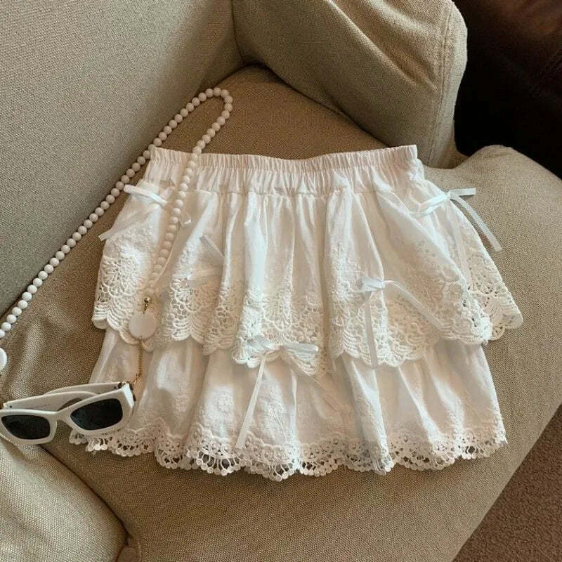 Y2K Coquette Bow White Mini Skirt - Kawaii Lace Ruffles Patchwork A-Line Skirt With Shorts