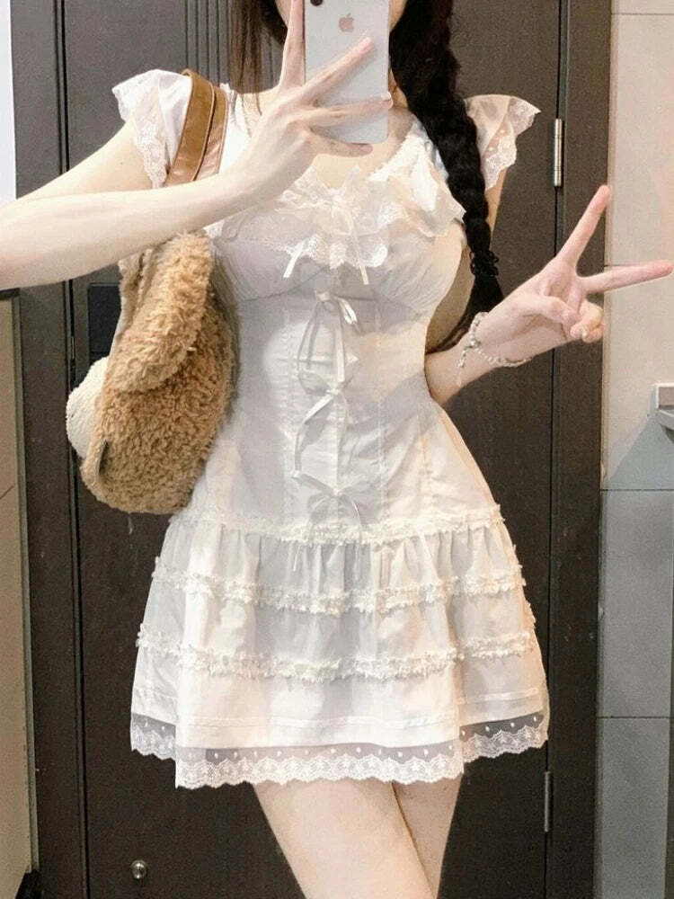 Y2K Coquette White Lolita Mini Dress - Cute Kawaii Lace Bow Princess Slip For Summer Outfits