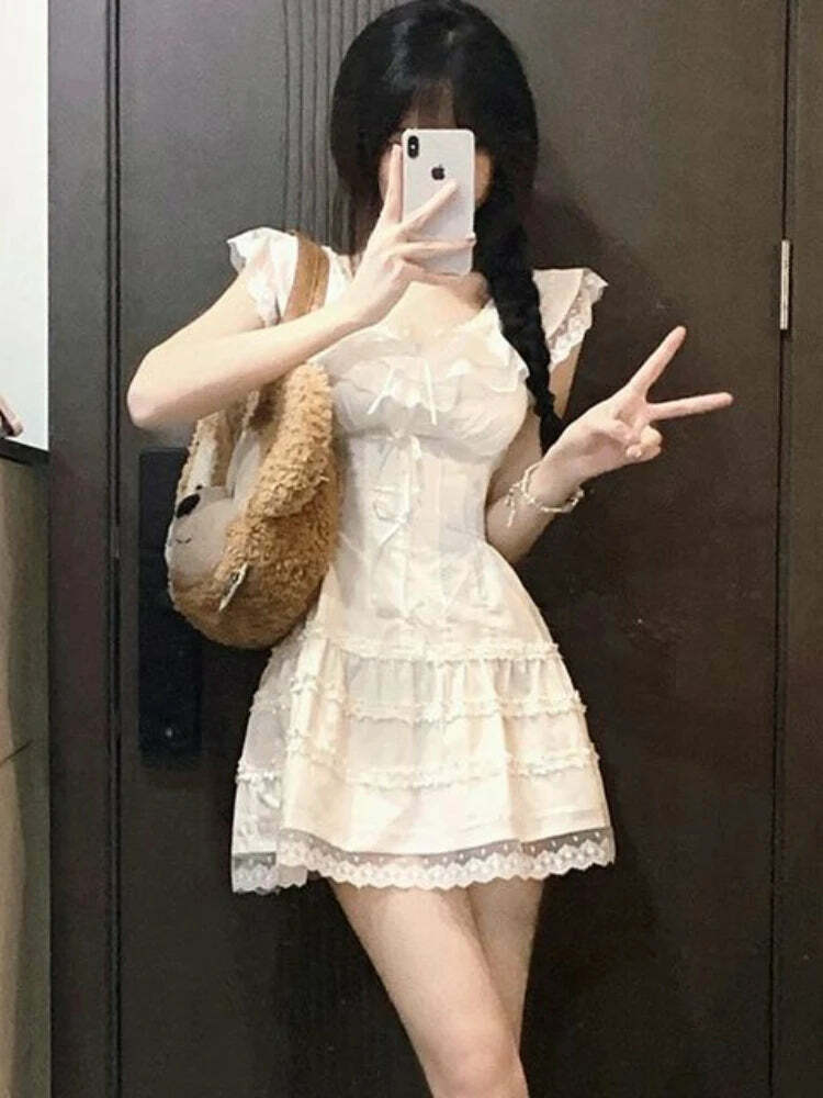 Y2K Coquette White Lolita Mini Dress - Cute Kawaii Lace Bow Princess Slip For Summer Outfits