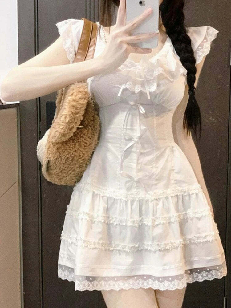 Y2K Coquette White Lolita Mini Dress - Cute Kawaii Lace Bow Princess Slip For Summer Outfits