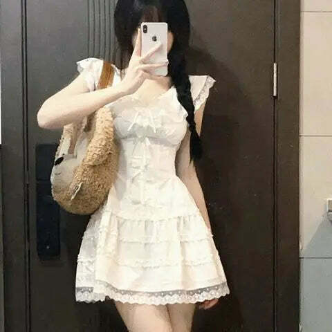 Y2K Coquette White Lolita Mini Dress - Cute Kawaii Lace Bow Princess Slip For Summer Outfits