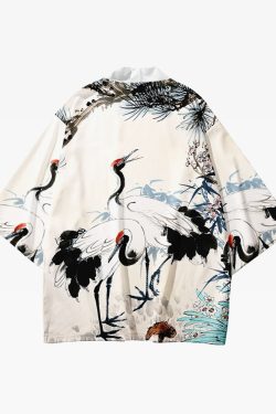 Y2K Crane Print Kimono - Retro 90S Grunge, Summer Outfits, Pastel Goth, Y2K Fashion