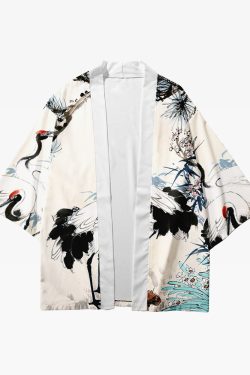 Y2K Crane Print Kimono - Retro 90S Grunge, Summer Outfits, Pastel Goth, Y2K Fashion