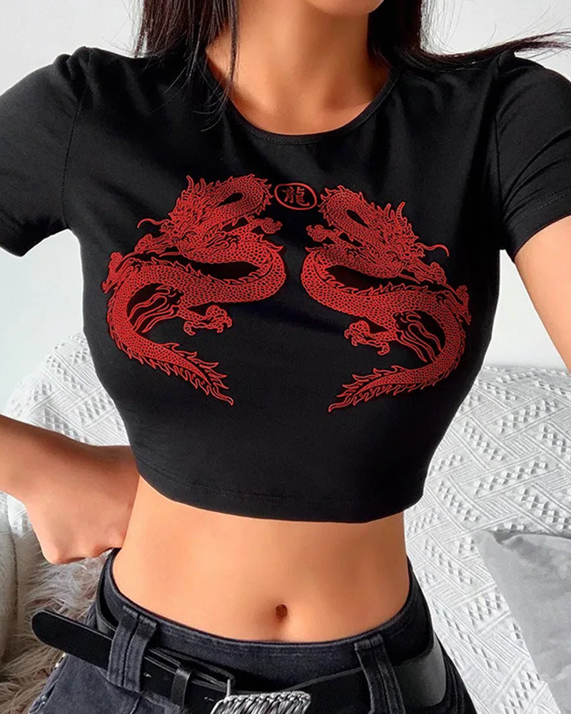 Y2K Dragon Crop Top - 90S Grunge, Retro Summer Outfit, Y2K Party, Club, And Popstar Fashion