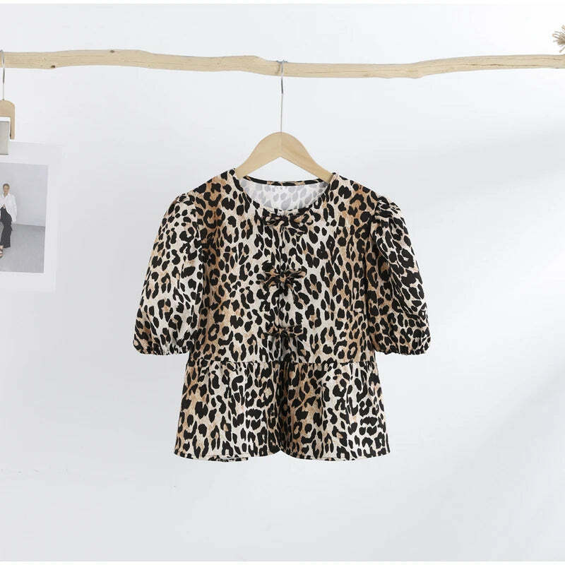 Y2K Fashion Print Lace-Up Hollow Out Puff Sleeve Top - Sexy Grunge Summer Streetwear Tee