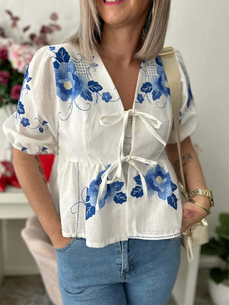 Y2K Fashion Print Lace-Up Hollow Out Puff Sleeve Top - Sexy Grunge Summer Streetwear Tee