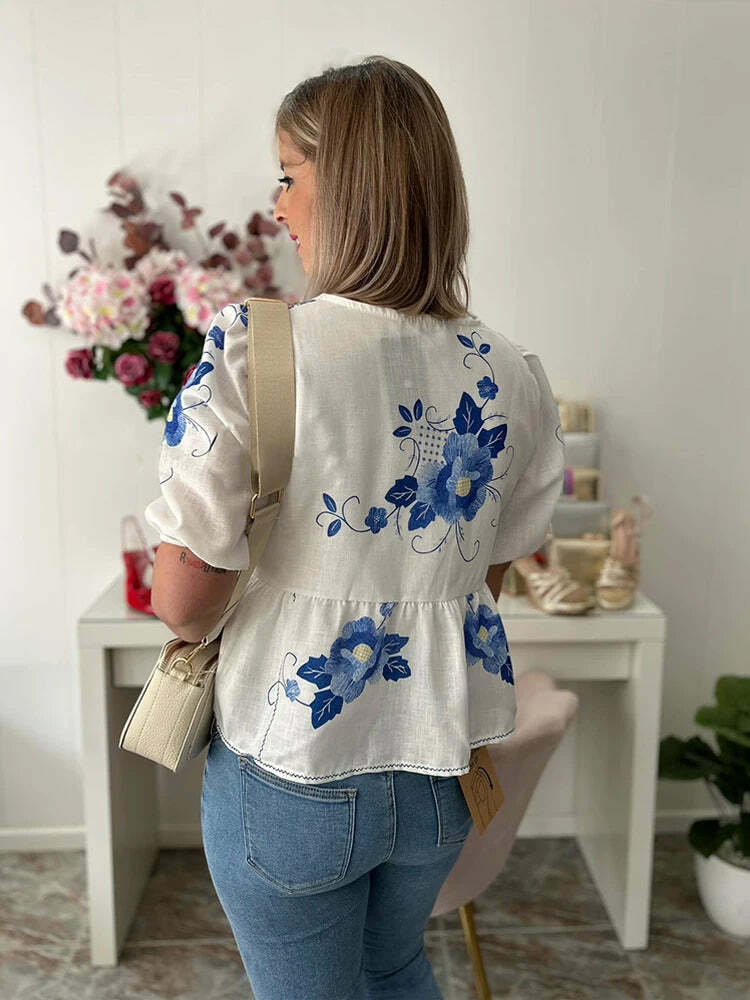 Y2K Fashion Print Lace-Up Hollow Out Puff Sleeve Top - Sexy Grunge Summer Streetwear Tee