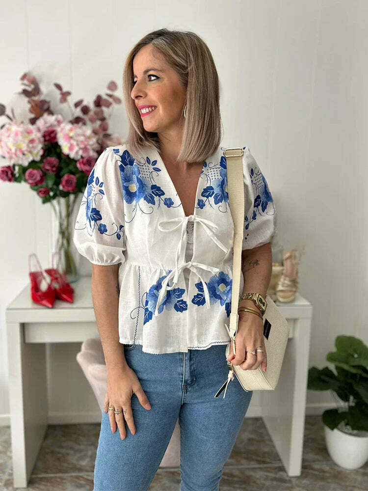 Y2K Fashion Print Lace-Up Hollow Out Puff Sleeve Top - Sexy Grunge Summer Streetwear Tee