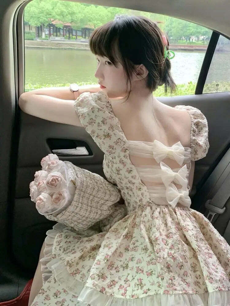 Y2K Floral Bubble Sleeve Dress - Summer Backless Bow Princess Poncho, Retro 90S Grunge Style